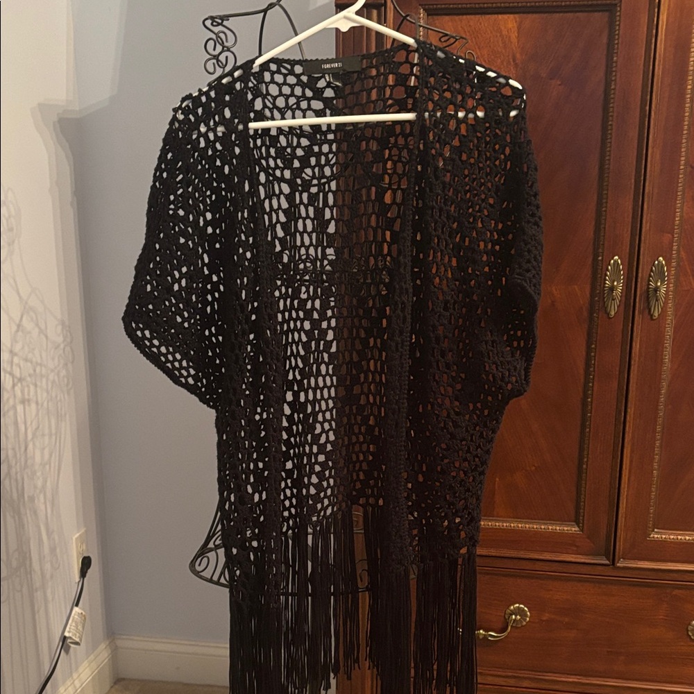 Forever 21 Black Crochet Shawl with Fringe
